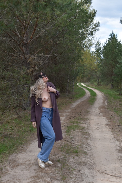 Topless Girl in Coat with No Underwear Exposed