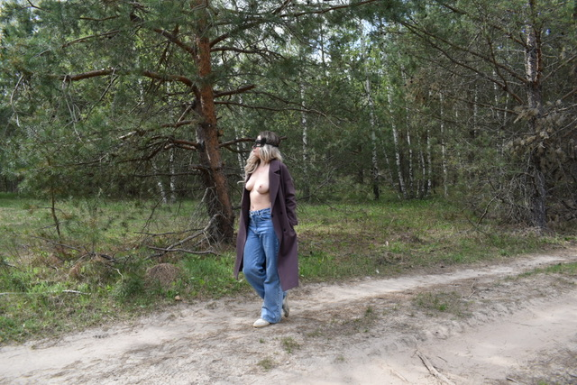 Topless Girl in Coat with No Underwear Exposed
