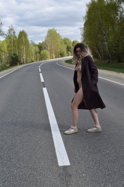 Topless Girl in Coat with No Underwear Exposed