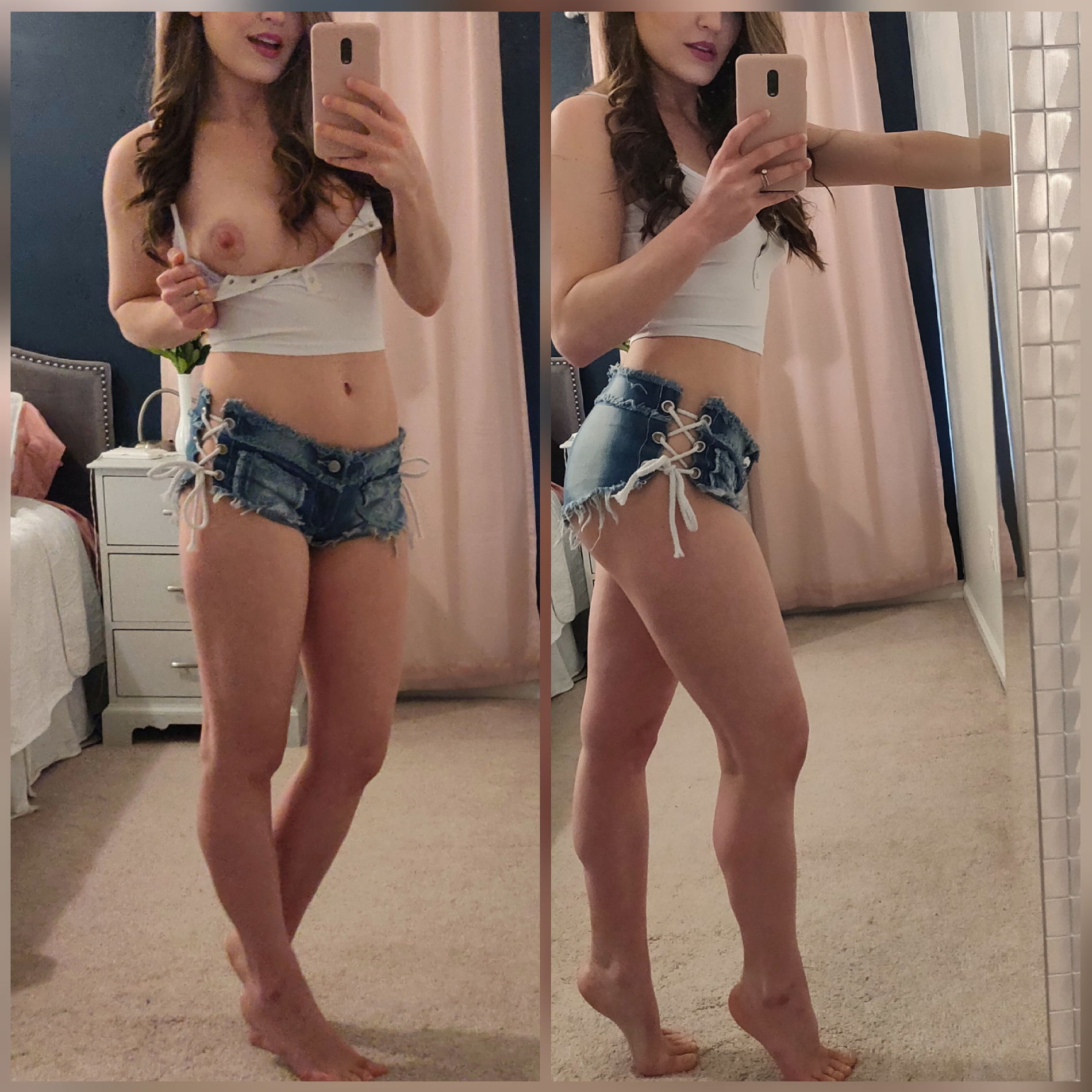 Young woman tries on various outfits, admires reflection, then strips naked