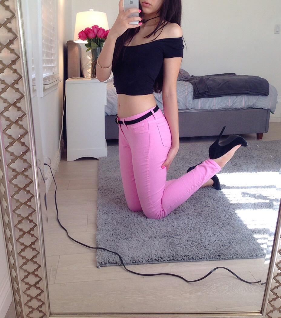 Girl Standing in Front of Mirror, Pulling Down Pants, Exposing Intimate Area