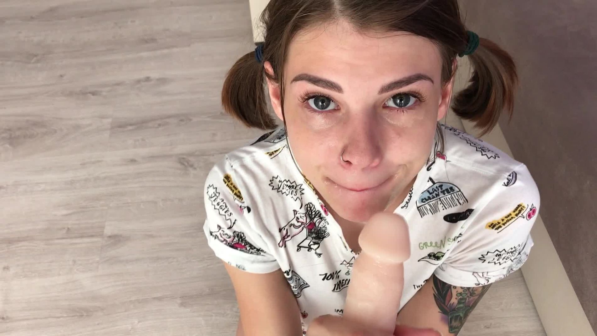 Young girl with tattoos having sex and showing intimate parts in porn photos